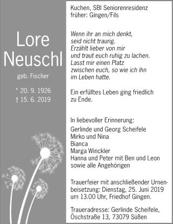 Traueranzeige von Lore Neuschl von NWZ Neue Württembergische Zeitung/Geislinger Zeitung