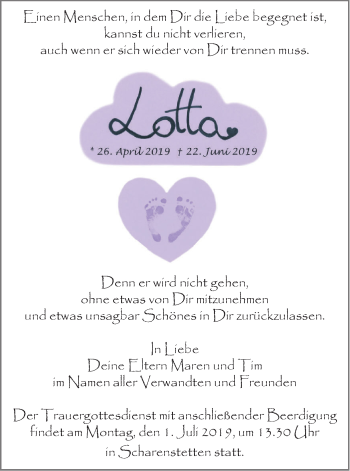 Traueranzeige von Lotta  von SÜDWEST PRESSE Ausgabe Ulm/Neu-Ulm