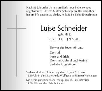 Traueranzeige von Luise Schneider von Hohenzollerische Zeitung