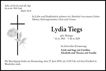 Traueranzeige von Lydia Tiegs von Hohenloher Tagblatt