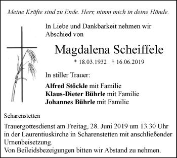 Traueranzeige von Magdalena Scheiffele von SÜDWEST PRESSE Ausgabe Ulm/Neu-Ulm