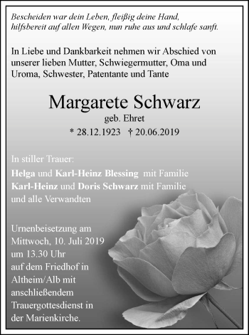 Traueranzeige von Margarete Schwarz von SÜDWEST PRESSE Ausgabe Ulm/Neu-Ulm