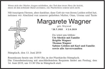 Traueranzeige von Margarete Wagner von Hohenloher Tagblatt