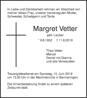 Traueranzeige von Margret Vetter von SÜDWEST PRESSE Ausgabe Ulm/Neu-Ulm