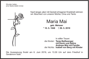 Traueranzeige von Maria Mai von Hohenloher Tagblatt