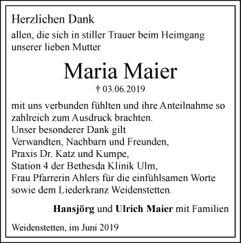 Traueranzeige von Maria Maier von SÜDWEST PRESSE Ausgabe Ulm/Neu-Ulm