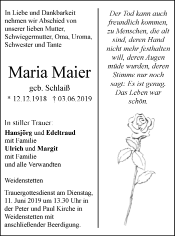 Traueranzeige von Maria Maier von SÜDWEST PRESSE Ausgabe Ulm/Neu-Ulm