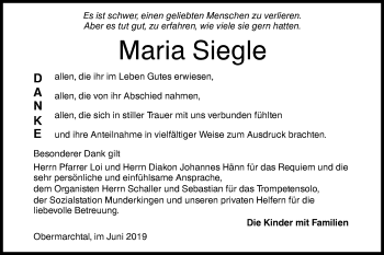 Traueranzeige von Maria Siegle von Ehinger Tagblatt