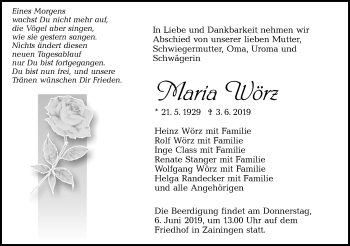 Traueranzeige von Maria Wörz von Alb-Bote/Metzinger-Uracher Volksblatt