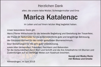 Traueranzeige von Marica Katalenac von Ehinger Tagblatt