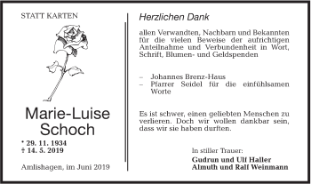 Traueranzeige von Marie-Luise Schoch von Hohenloher Tagblatt