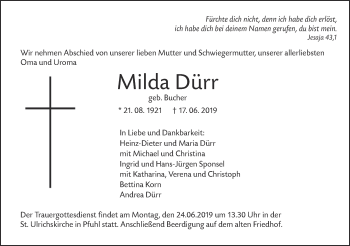 Traueranzeige von Milda Dürr von SÜDWEST PRESSE Ausgabe Ulm/Neu-Ulm