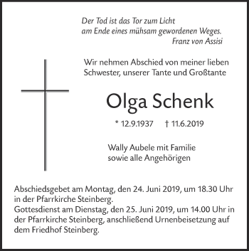 Traueranzeige von Olga Schenk von SÜDWEST PRESSE Ausgabe Ulm/Neu-Ulm