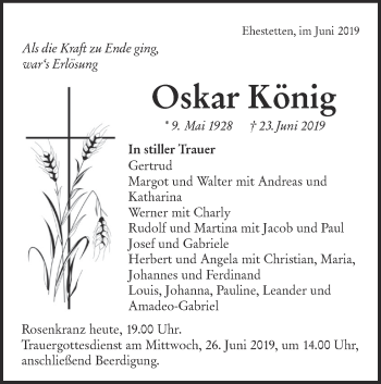 Traueranzeige von Oskar König von Alb-Bote/Metzinger-Uracher Volksblatt