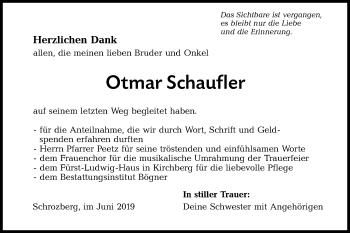 Traueranzeige von Otmar Schaufler von Hohenloher Tagblatt