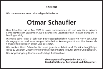 Traueranzeige von Otmar Schaufler von Hohenloher Tagblatt