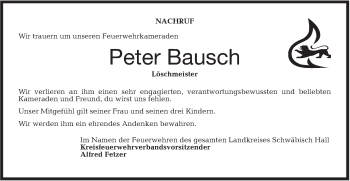 Traueranzeige von Peter Bausch von Haller Tagblatt