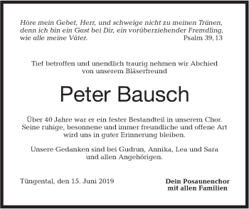 Traueranzeige von Peter Bausch von Haller Tagblatt