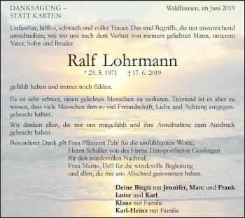 Traueranzeige von Ralf Lohrmann von Geislinger Zeitung