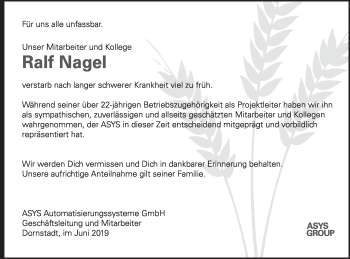 Traueranzeige von Ralf Nagel von SÜDWEST PRESSE Ausgabe Ulm/Neu-Ulm