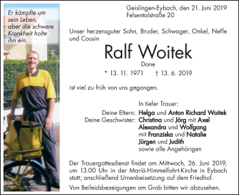 Traueranzeige von Ralf Woitek von Geislinger Zeitung