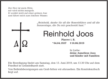 Traueranzeige von Reinhold Joos von Hohenloher Tagblatt