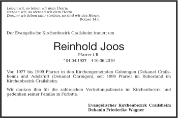 Traueranzeige von Reinhold Joos von Hohenloher Tagblatt