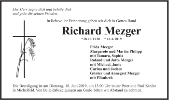 Traueranzeige von Richard Mezger von Haller Tagblatt