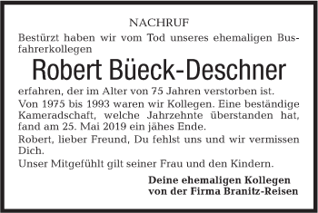 Traueranzeige von Robert Büeck-Deschner von Hohenloher Tagblatt