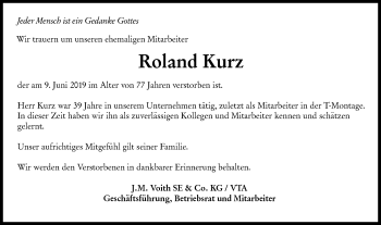 Traueranzeige von Roland Kurz von Hohenloher Tagblatt