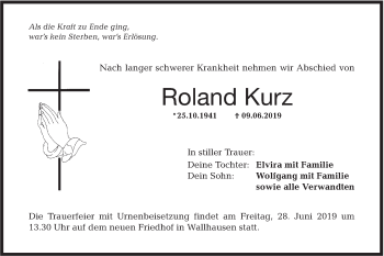 Traueranzeige von Roland Kurz von Hohenloher Tagblatt