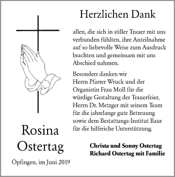 Traueranzeige von Rosina Ostertag von Ehinger Tagblatt