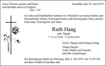 Traueranzeige von Ruth Haag von NWZ Neue Württembergische Zeitung