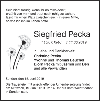 Traueranzeige von Siegfried Pecka von SÜDWEST PRESSE Ausgabe Ulm/Neu-Ulm