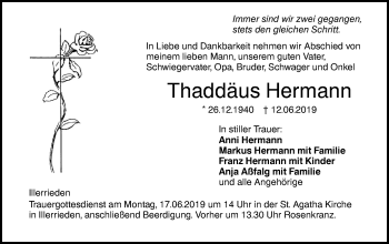 Traueranzeige von Thaddäus Hermann von SÜDWEST PRESSE Ausgabe Ulm/Neu-Ulm