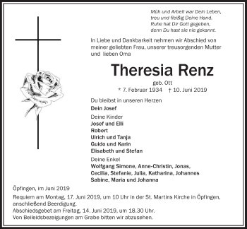 Traueranzeige von Theresia Renz von Ehinger Tagblatt