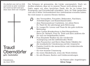 Traueranzeige von Traudl Oberndörfer von Hohenloher Tagblatt