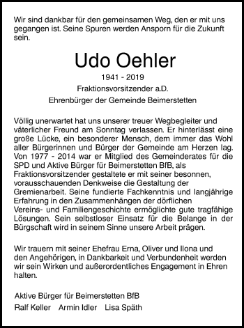 Traueranzeige von Udo Oehler von SÜDWEST PRESSE Ausgabe Ulm/Neu-Ulm