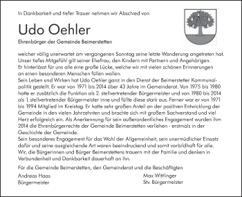 Traueranzeige von Udo Oehler von SÜDWEST PRESSE Ausgabe Ulm/Neu-Ulm