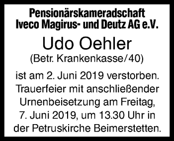 Traueranzeige von Udo Oehler von SÜDWEST PRESSE Ausgabe Ulm/Neu-Ulm