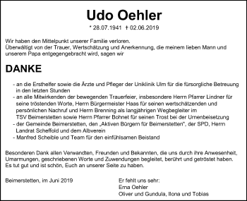 Traueranzeige von Udo Oehler von SÜDWEST PRESSE Ausgabe Ulm/Neu-Ulm