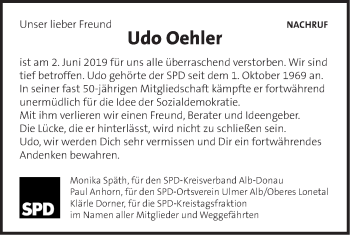 Traueranzeige von Udo Oehler von SÜDWEST PRESSE Ausgabe Ulm/Neu-Ulm