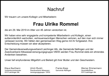 Traueranzeige von Ulrike Rommel von SÜDWEST PRESSE