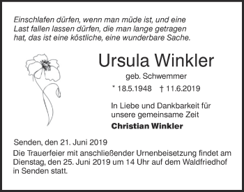 Traueranzeige von Ursula Winkler von SÜDWEST PRESSE Ausgabe Ulm/Neu-Ulm