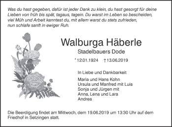 Traueranzeige von Walburga Häberle von SÜDWEST PRESSE Ausgabe Ulm/Neu-Ulm