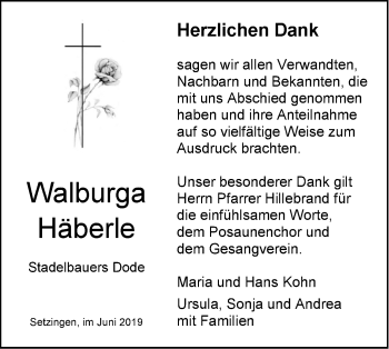 Traueranzeige von Walburga Häberle von SÜDWEST PRESSE Ausgabe Ulm/Neu-Ulm