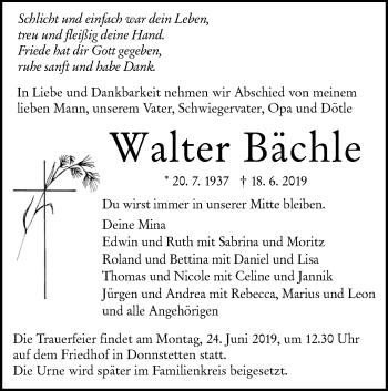 Traueranzeige von Walter Bächle von Alb-Bote/Metzinger-Uracher Volksblatt