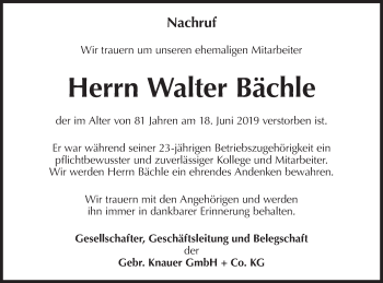 Traueranzeige von Walter Bächle von Metzinger-Uracher Volksblatt