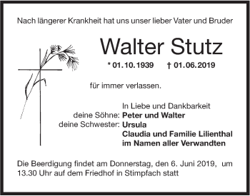 Traueranzeige von Walter Stutz von Hohenloher Tagblatt