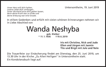 Traueranzeige von Wanda Neshyba von Haller Tagblatt